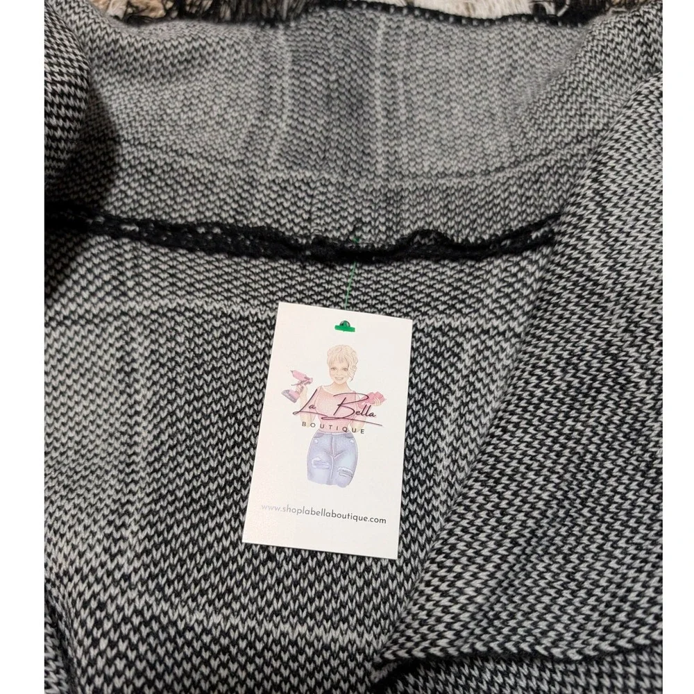 Women's Black White Plaid Fringe Wrap Sweater Vest Shawl‎ Drape Front Large New